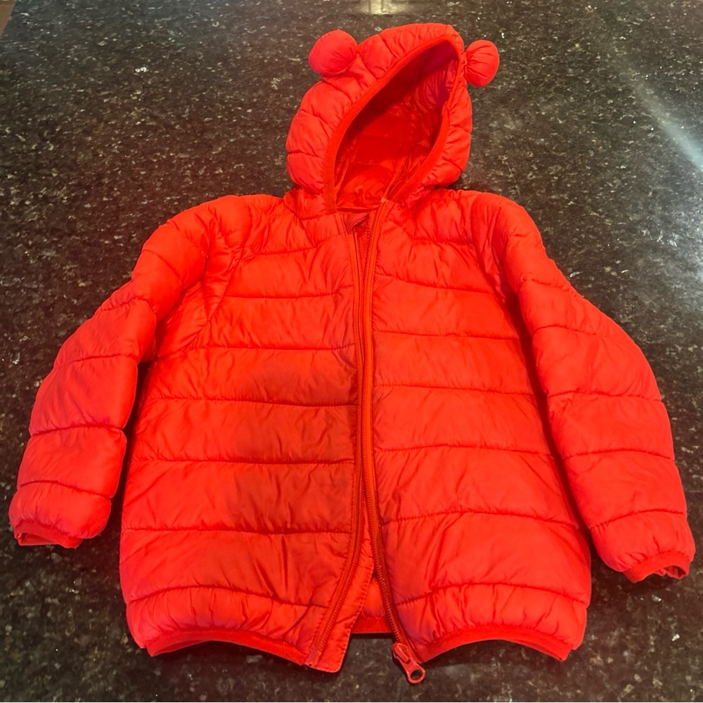 Red Hooded Puffer Jacket with Ears 3T